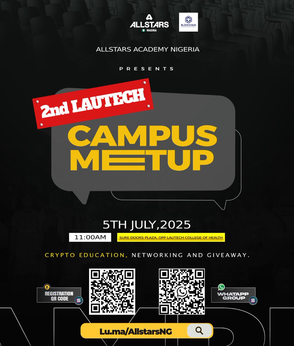 BlockchainLAUT1's tweet image. It's Solana SZN! ⚡
We're excited to host the 2nd Solana @AllstarsNG Meetup in LAUTECH — now Allstars Academy NG!🇳🇬
Crypto education, alpha, giveaways & more! 🧠🔥
🗓️ July 5 | 🕚 11AM
📍 Sure Doors Plaza
🎟️ Register: lu.ma/p7h1pmmz
💬 Chat: chat.whatsapp.com/FvON32ZjzSdEVY…