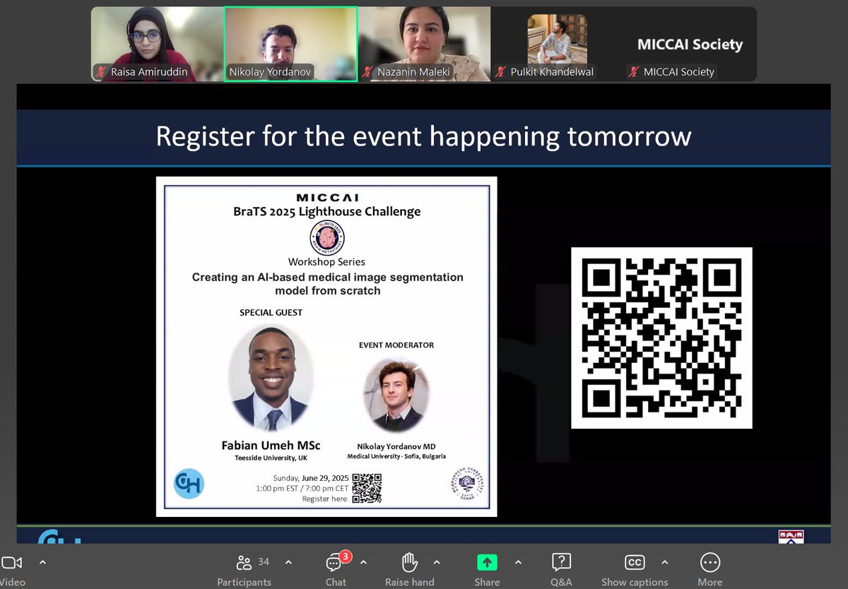 BraTS_Education's tweet photo. @RMiccai @MICCAI_Society
Wonderful to join the RISE summer program to discuss the BraTS Lighthouse Challenge! @MariamAboian @MalekiNazanin @RaisaAmiruddin @NickJordanov 
Submit your algorithms and short papers. Go to MICCAI'25!

Want to learn how? Join our workshop tomorrow! https://t.co/jIeBRANkzu