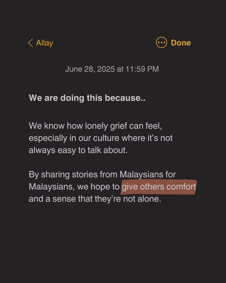 allay_app's tweet photo. (2/2)
Your story doesn’t have to be long or perfect — just honest. Share it with us today (link in bio).
#BukuGrief #AllayApp #malaysianstories #malaysiancommunity #afterloss #griefsupport #grieftok #copingwithloss #griefawareness #hospice #hospismalaysia #palliativecare https://t.co/y0zNM1oE8a