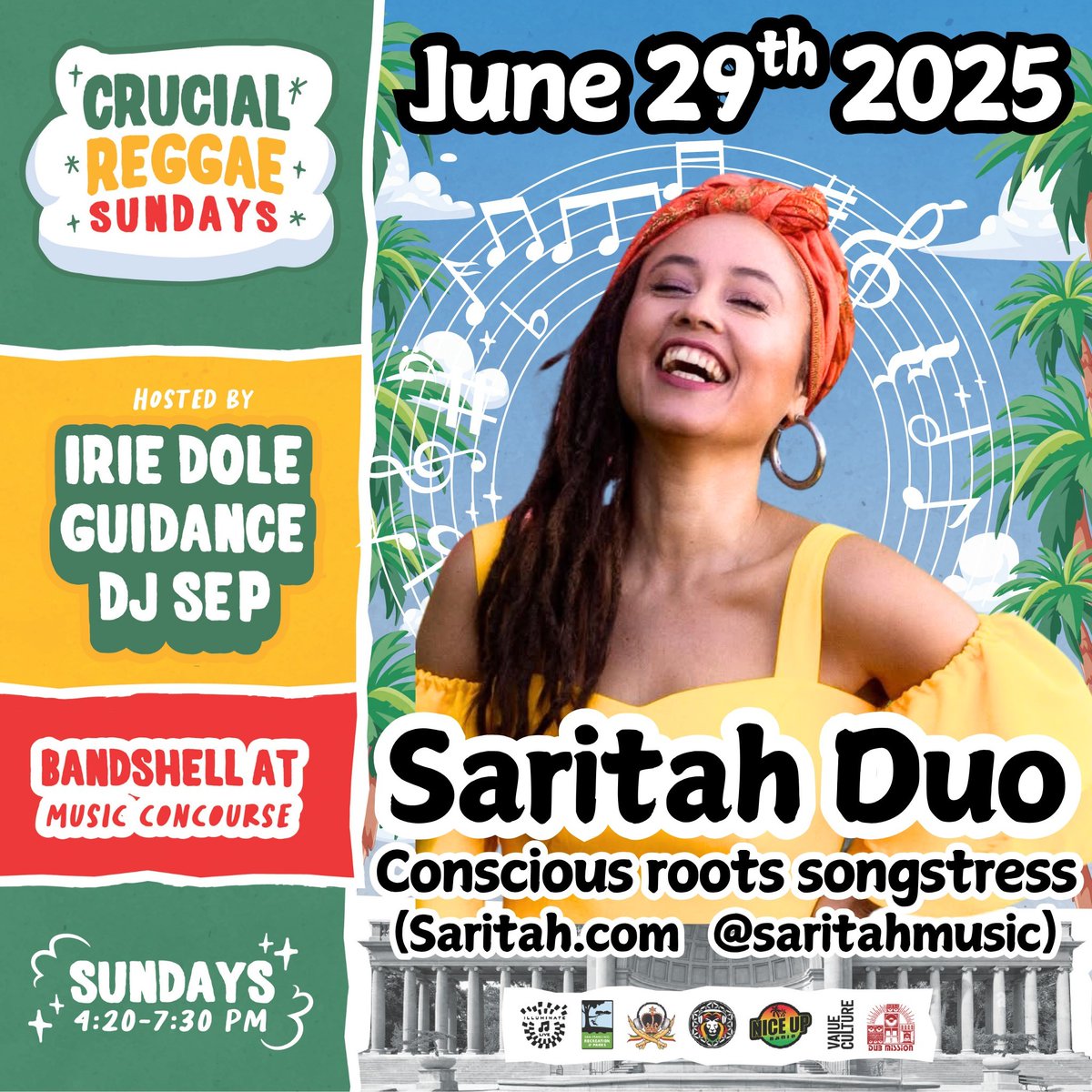 Tomorrow Crucial Reggae Sundays is joined by special guest Saritah Duo! Come through &amp; dance it out at the Bandshell in Golden Gate Park

Hosts:
Irie Dole
Guidance
DJ Sep

📍Details:
Date: Sun 6/29
Time: 4:20-7:30pm
Location: Music Concourse in Golden Gate Park
@recparksf