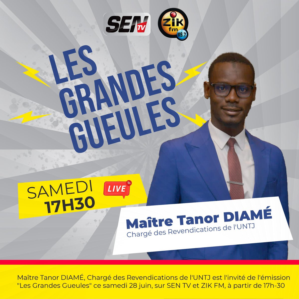 du_greffier's tweet photo. 📺 Ce samedi 28 juin à 17h30, Maître Tanor DIAMÉ, Chargé des revendications de l’UNTJ, est l’invité des #GrandesGueules sur #SENTV & #ZIKFM.
À suivre en direct !
#UNTJ #Justice #Greffiers #TanorDiamé https://t.co/cCe8bkbzwZ