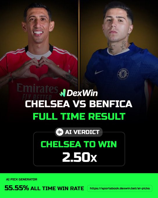 Chelsea vs Benfica ⚽️ 🏆 | FIFA Club World Cup 2025 - Football Betting Odds Today, Predictions, Betting Lines & Picks by AI

✅ CHELSEA WIN @ 2.50 ✅ 

Follow @DexWin_Sports for the best football betting odds, football betting odds today, football betting picks and football predictions ⚽️