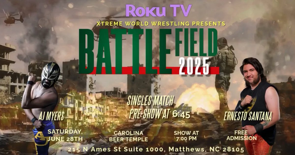 First Time Ever! Pre-Show match starting at 6:45! AJ Myers goes one on one against Ernesto Santana at Carolina Beer Temple!

📍– 215 N Ames St Suite 1000, Matthews, NC 28105
🍺 Food &amp; Drink Specials ALL NIGHT LONG!