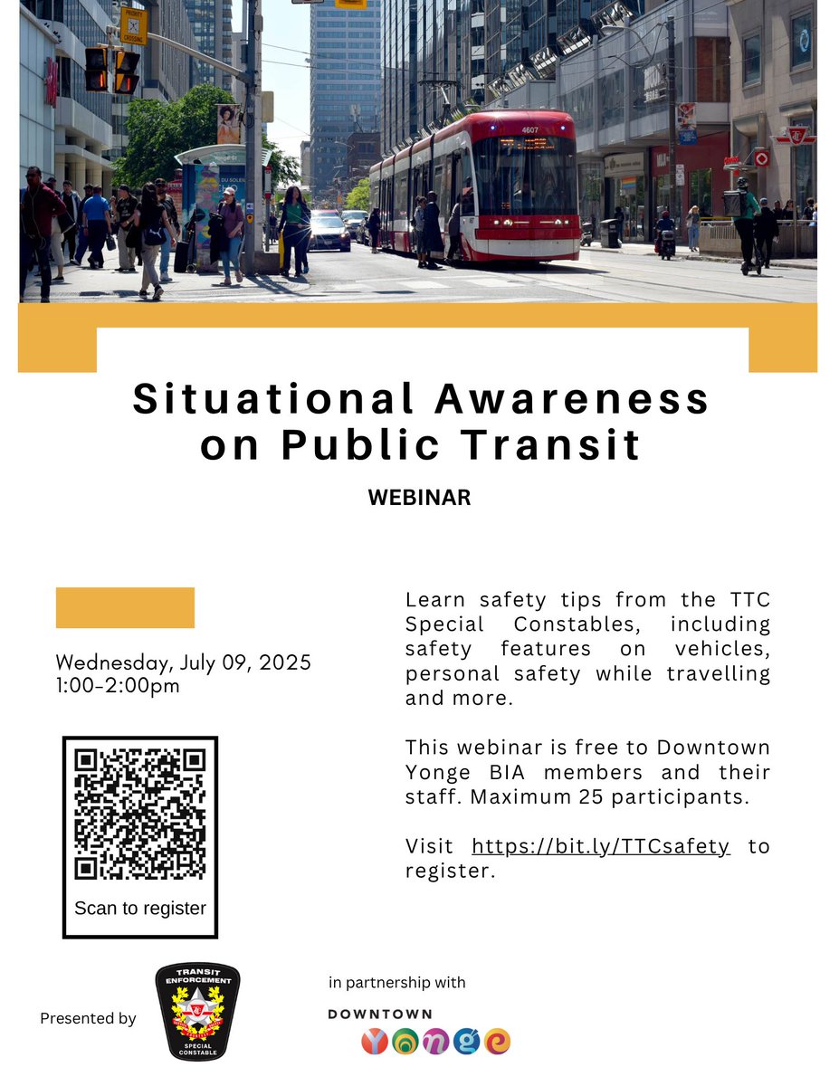 We are hosting a Situational Awareness on Public Transit webinar for DYBIA members and their staff on Wed July 09 1-2pm.

Register for free today to learn safety tips from TTC Special Constables: bit.ly/TTCsafety

#DowntownYonge