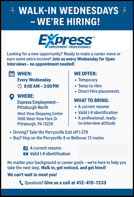 ExpressPittsN's tweet photo. Walk-In Interviews Every Wednesday at Express! https://t.co/CgM7ZDAG2U