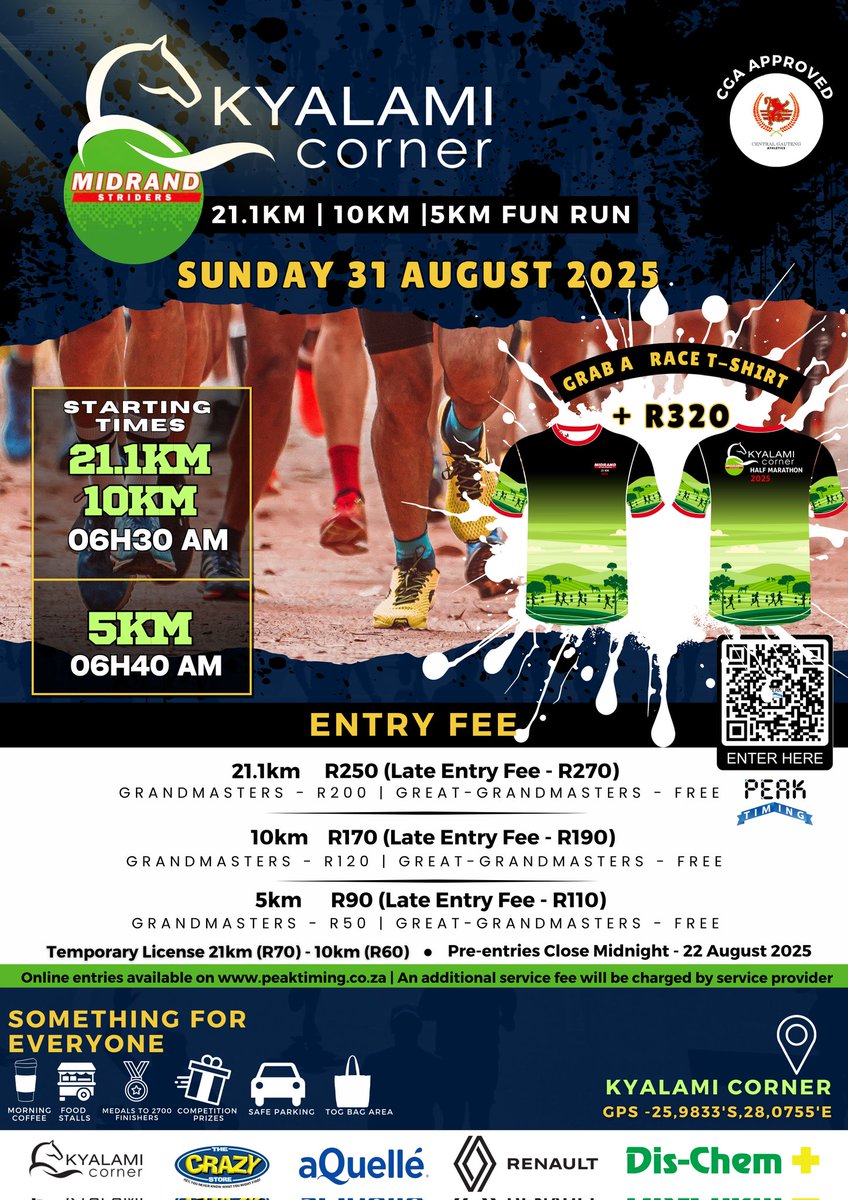 midrandstriders's tweet image. *August 31st 2025* sees the return of KYALAMI CORNER MIDRAND STRIDERS HALF MARATHON. Experience the breathtaking countryside of Midrand where you might even catch a glimpse of the majestic horses on their morning stroll.
##HalfMarathon
Enter now at ... secure.onreg.com/onreg2/front/sβ¦