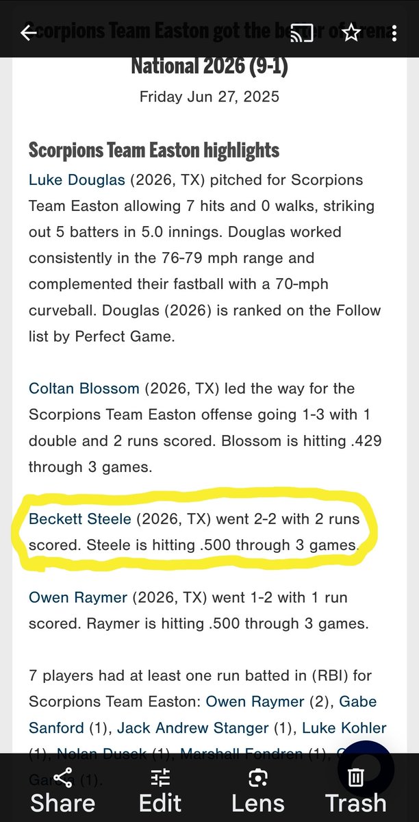Casey Steele (@steelecs1) on Twitter photo Two solid games helping your team win Beck!
* Solid single w 2 outs to extend the inning where your team scored 3 runs.
* Got on base all 3 times. NICE!
* Excellent slider working off your FB and Change for 2 Swing and miss K's.
<a href="/andreworr46/">Andrew Orr</a> <a href="/BaseballBSteele/">Beckett Steele</a>
<a href="/MAGWESTdirtboys/">MAGNOLIA WEST BASEBALL</a> Two solid games helping your team win Beck!
* Solid single w 2 outs to extend the inning where your team scored 3 runs.
* Got on base all 3 times. NICE!
* Excellent slider working off your FB and Change for 2 Swing and miss K's.
<a href="/andreworr46/">Andrew Orr</a> <a href="/BaseballBSteele/">Beckett Steele</a>
<a href="/MAGWESTdirtboys/">MAGNOLIA WEST BASEBALL</a>