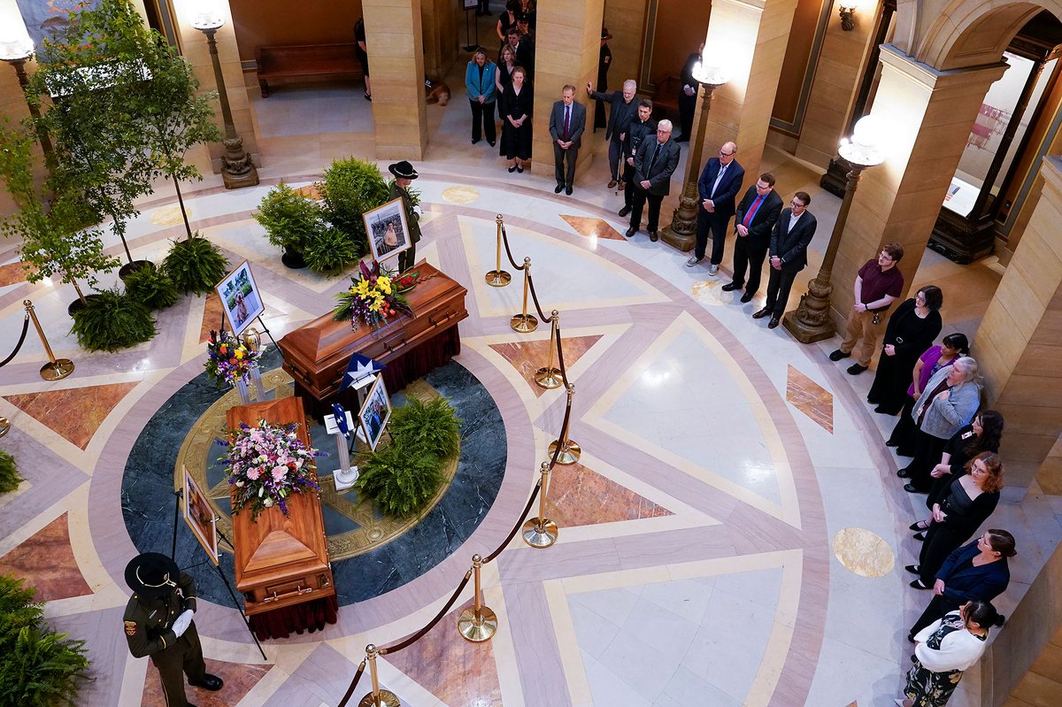 Thousands of people filed past the caskets of Speaker Emerita Melissa Hortman, her husband, Mark, and golden retriever, Gilbert, as they lay in state in the Capitol Rotunda June 27.

📸 Michele Jokinen

#mnleg