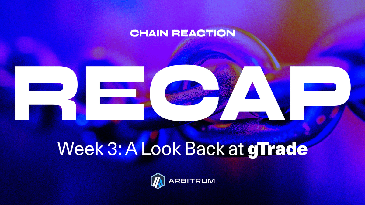 arbitrum's tweet photo. gTrade Week was a banger for Chain Reaction

$150M+ in volume, fresh listings, and v10 on the way.

Here’s what went down with @gains_trade 👇 https://t.co/WyYSLsM5KK