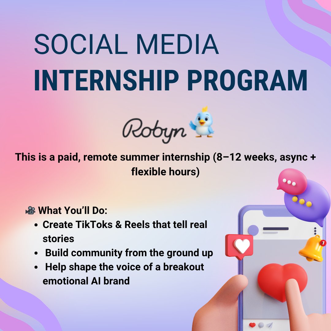 🚨 Robyn is launching a Social Media Internship for high school + college students!

🎥 Make TikToks + Reels
📢 Tell real stories
🌱 Build a brand community from the ground up
✅ Paid
✅ Remote
✅ Real experience

📲 Apply: bit.ly/443f1Za

#WeAreEBF