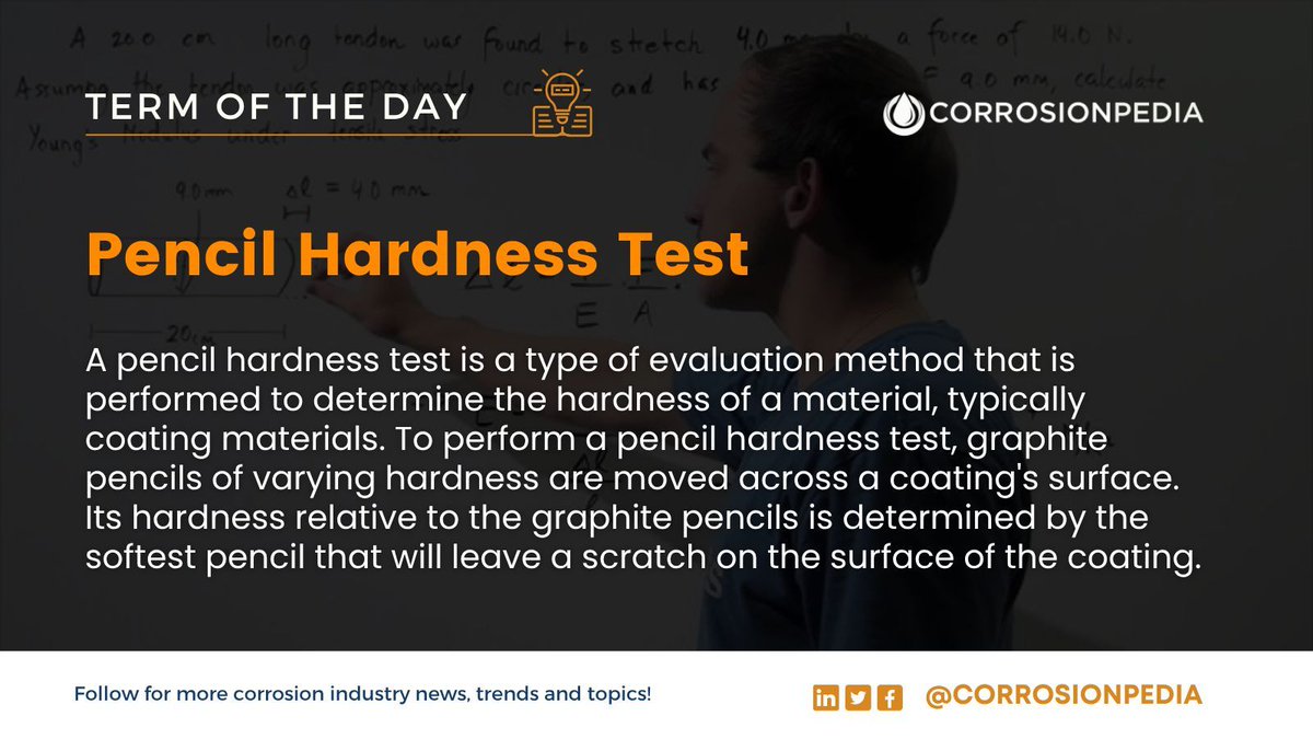 corrosionpedia's tweet photo. Due to its simplicity, pencil hardness tests are subject to some variation from test to test and from tester to tester. 
Learn more: https://t.co/PkfXwiDbfk 

#PencilHardnessTest #CoatingEvaluation #MaterialHardness #SurfaceTesting #QualityAssurance https://t.co/YftZuC9u7E