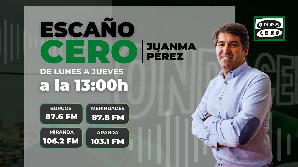 🎙️ No te pierdas Escaño Cero, el programa presentado por Juanma Pérez que te informa y entretiene de lunes a jueves a las 13:00 horas.

🔊 Sintoniza:
Burgos: 87.6 FM
Merindades: 87.8 FM
Miranda: 106.2 FM
Aranda: 103.1 FM

🔴 Escucha el directo aquí: f.mtr.cool/dotytfepbc