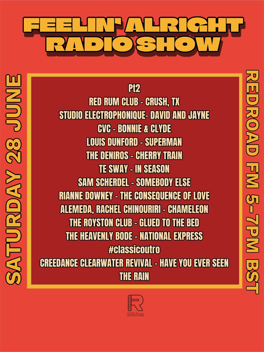 FeelinAlright (@feelinpromo) on Twitter photo NOW on today’s #feelinalrightradioshow on <a href="/RedroadFM/">Redroad FM</a> 5-7pm BST Pt2
<a href="/RedRumClub/">Red Rum Club</a> Studio Electrophoniqie
<a href="/CVCband_/">CVC</a> <a href="/LouisDunford/">Louis Dunford</a> <a href="/TheDenirosBand/">The Deniros</a> <a href="/thesway_band/">The Sway</a> <a href="/samscherdel/">Sam Scherdel</a> <a href="/riannedowney_/">Rianne Downey</a> <a href="/alemeda/">ALEMEDA</a> <a href="/rachelchinourir/">Rachel Chinouriri</a> <a href="/TheRoystonClub/">The Royston Club</a> TheHeavenlyBodes
#classicoutro <a href="/TheOfficialCCR/">Creedence Clearwater Revival</a> NOW on today’s #feelinalrightradioshow on <a href="/RedroadFM/">Redroad FM</a> 5-7pm BST Pt2
<a href="/RedRumClub/">Red Rum Club</a> Studio Electrophoniqie
<a href="/CVCband_/">CVC</a> <a href="/LouisDunford/">Louis Dunford</a> <a href="/TheDenirosBand/">The Deniros</a> <a href="/thesway_band/">The Sway</a> <a href="/samscherdel/">Sam Scherdel</a> <a href="/riannedowney_/">Rianne Downey</a> <a href="/alemeda/">ALEMEDA</a> <a href="/rachelchinourir/">Rachel Chinouriri</a> <a href="/TheRoystonClub/">The Royston Club</a> TheHeavenlyBodes
#classicoutro <a href="/TheOfficialCCR/">Creedence Clearwater Revival</a>