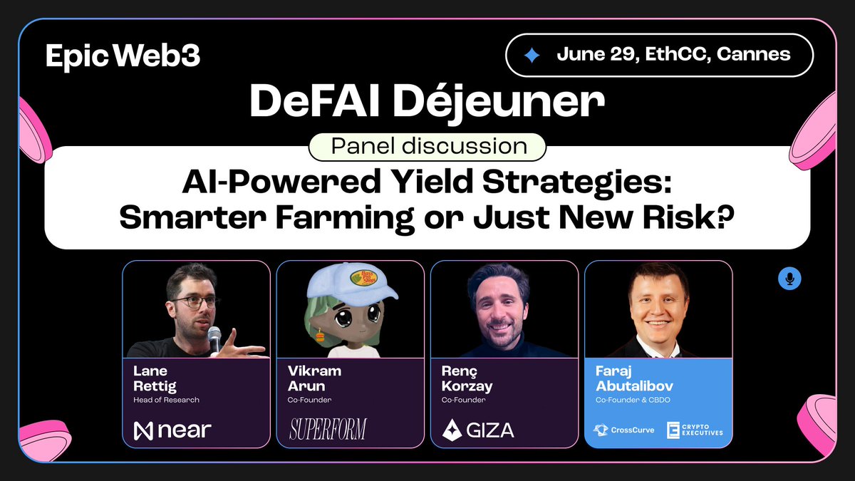 Epic Web3 🧞♂️ | 🔜 Token2049 (@epicweb3) on Twitter photo 🥩 AI-Powered Yield Strategies: Smarter Farming or Just New Risk?
Farming just got smarter — or riskier?
Join top minds from <a href="/NEARProtocol/">NEAR Protocol</a>, <a href="/superformxyz/">Superform</a>, and <a href="/gizatechxyz/">Giza</a> as they unpack the real tradeoffs behind AI-driven yield strategies:
→ <a href="/lrettig/">Lane Rettig</a>, Head of Research 🥩 AI-Powered Yield Strategies: Smarter Farming or Just New Risk?
Farming just got smarter — or riskier?
Join top minds from <a href="/NEARProtocol/">NEAR Protocol</a>, <a href="/superformxyz/">Superform</a>, and <a href="/gizatechxyz/">Giza</a> as they unpack the real tradeoffs behind AI-driven yield strategies:
→ <a href="/lrettig/">Lane Rettig</a>, Head of Research