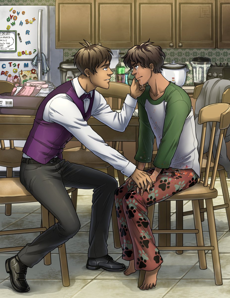 ErithEl's tweet image. This was a commission done for LeviathanBelieves on ao3 from their fanfic "Against the Odds." (This fic is marked as explicit and has content warnings)
This is a scene of Lance comforting his brother Luis (who is younger in the fic).
#commission #fanart #fanfic #VLD