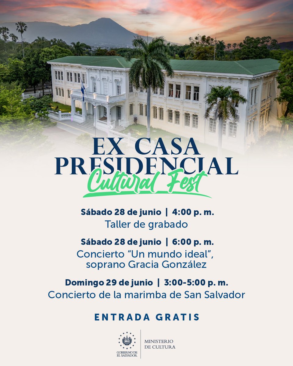 Este fin de semana disfrutá del concierto “Un mundo ideal” de la soprano Gracia González, una de las voces más destacadas del país, de talleres lúdicos y de Marimba de San Salvador. 🤩🇸🇻

📍 Ex Casa Presidencial, San Jacinto 
📅 Sábado 28 y Domingo 29 
🎟️ Entrada GRATIS