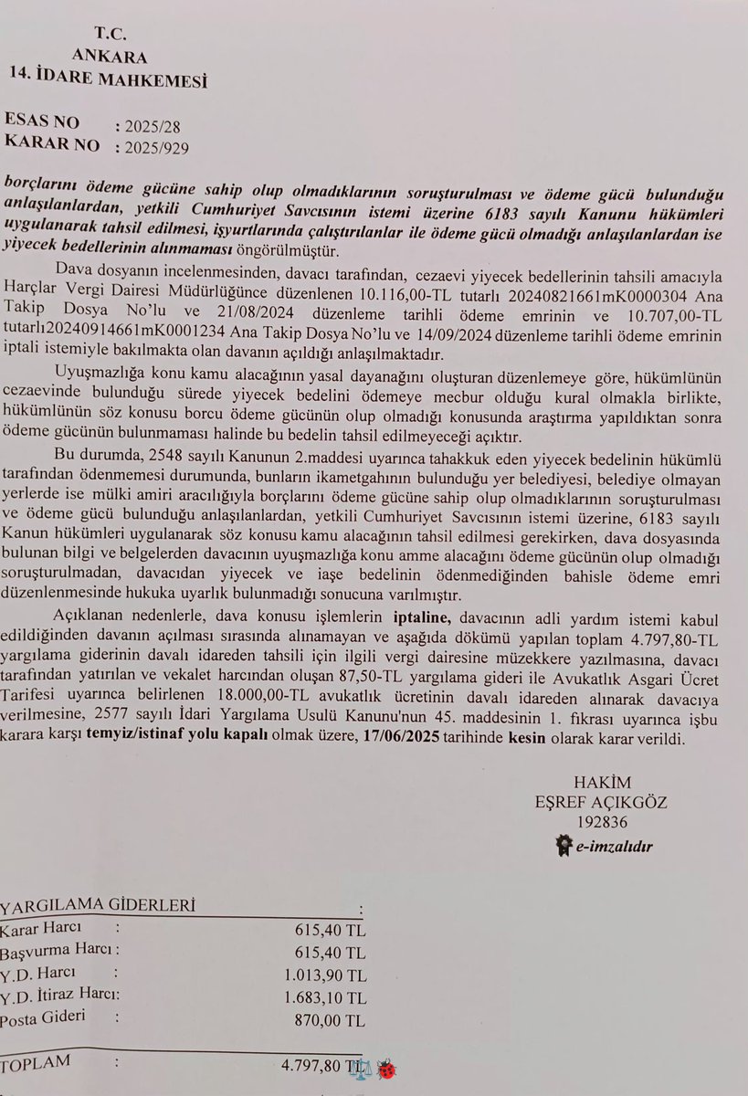 Mahkumdan tahsil edilmesi gereken iaşe (yemek) bedelinin, ödeme gücü olup olmadığı araştırılmadan tahsiline çalışılması (ödeme emri çıkarılması) hukuka aykırıdır. İdari yargıda dava açılması halinde ödeme emri iptal edilecektir. Bu yönde yerleşmiş çok sayıda karar mevcuttur.