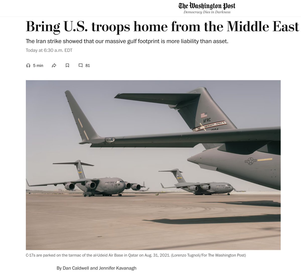 jekavanagh's tweet image. The past 2 weeks underscored the risks that come w/ having U.S. military forces in the ME.
They played little role in the U.S. strike on Iran, but became a costly vulnerability when Iran retaliated.
@dandcaldwell & I argue in @washingtonpost that it's time to bring them home.