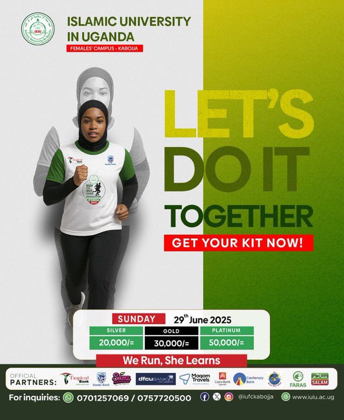 humanrightsiu's tweet photo. Join “We Run, She Learns” charity run at IUIU Females’ Campus, Kabojja this Sunday 29th June 2025 🗓️
🎽 Kits: Silver 20k | Gold 30k | Platinum 50k
💚 Support girls’ education while getting active!
📞 Info: 0701257069 / 0757720500
#WeRunSheLearns #IUIUKabojjaRun #GirlsEducation https://t.co/VpNo0dBO0C