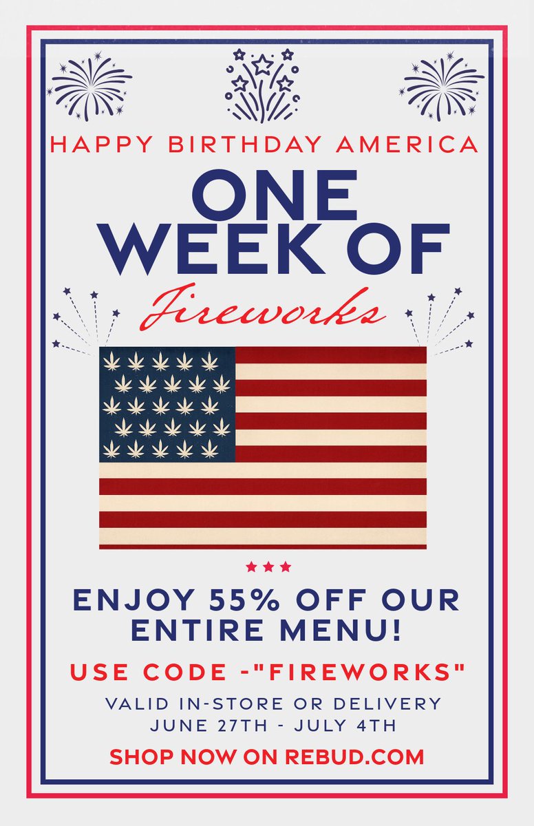 🎆 Celebrating America’s 249th birthday the right way — with 55% OFF the entire menu! 🇺🇸💥
🔥 In-store or delivered to your spot
🎯 Use code FIREWORKS
📅 Now thru July 4th
Let’s light it up → REBUD.com