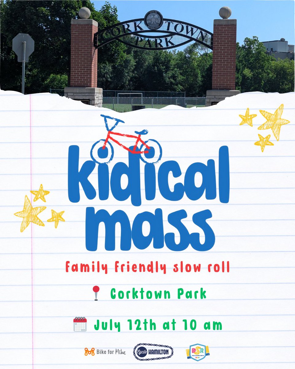 We had a busy #BikeMonthHamOnt with 3 different rides and we are back for another ride:
Join  us for another Kidical Mass ride coming up on Saturday July 12. We will  be starting the ride at Corktown Park.