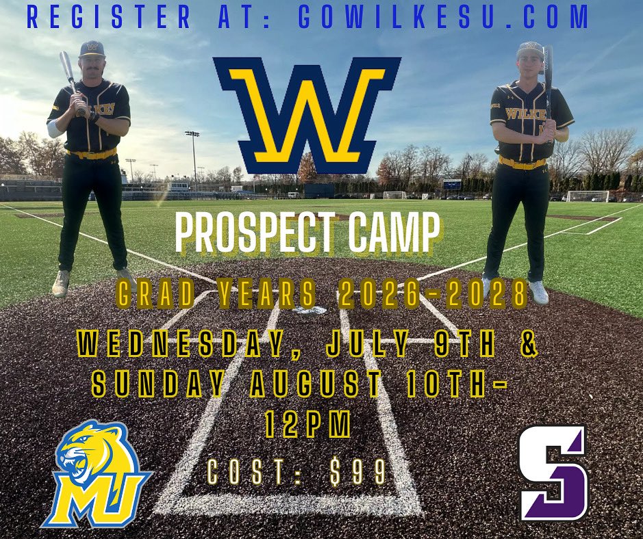 🚨 Wilkes Baseball Prospect Camp 🚨 

Less than 2 weeks away! 

⚾️ Wednesday July 9th 12pm 
⚾️ Grad Years 2026-2028
⚾️ Defensive Showcase 
⚾️ Offensive Showcase
⚾️ Game 
⚾️ University of Scranton &amp; Misericordia University in Attendance Recruiting 
⚾️ Jersey, hat, Lunch Included