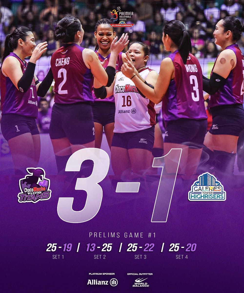The Choco Mucho Flying Titans takes the W in their first PVL On Tour match with a 3-1 victory over Galeries Tower! Let’s keep the momentum going and support the team once again as they hit the court tomorrow against Nxled.💜

#ChocoMucho #CMFT #TitanPride