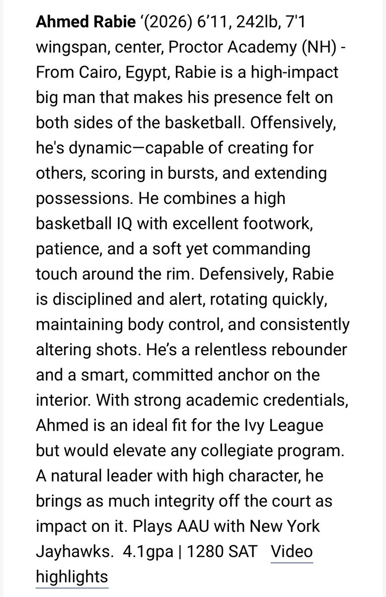Doug Scott (@douglasrscott) on Twitter photo Ahmed Rabie,
We normally don’t have any mountains in Connecticut, but this weekend we seemed to have imported one from Egypt … via <a href="/proctor_hoops/">Proctor Academy Boys Basketball</a>
Whoa, this guy is big!
The sport is played differently, when he is on the court. Ahmed Rabie,
We normally don’t have any mountains in Connecticut, but this weekend we seemed to have imported one from Egypt … via <a href="/proctor_hoops/">Proctor Academy Boys Basketball</a>
Whoa, this guy is big!
The sport is played differently, when he is on the court.