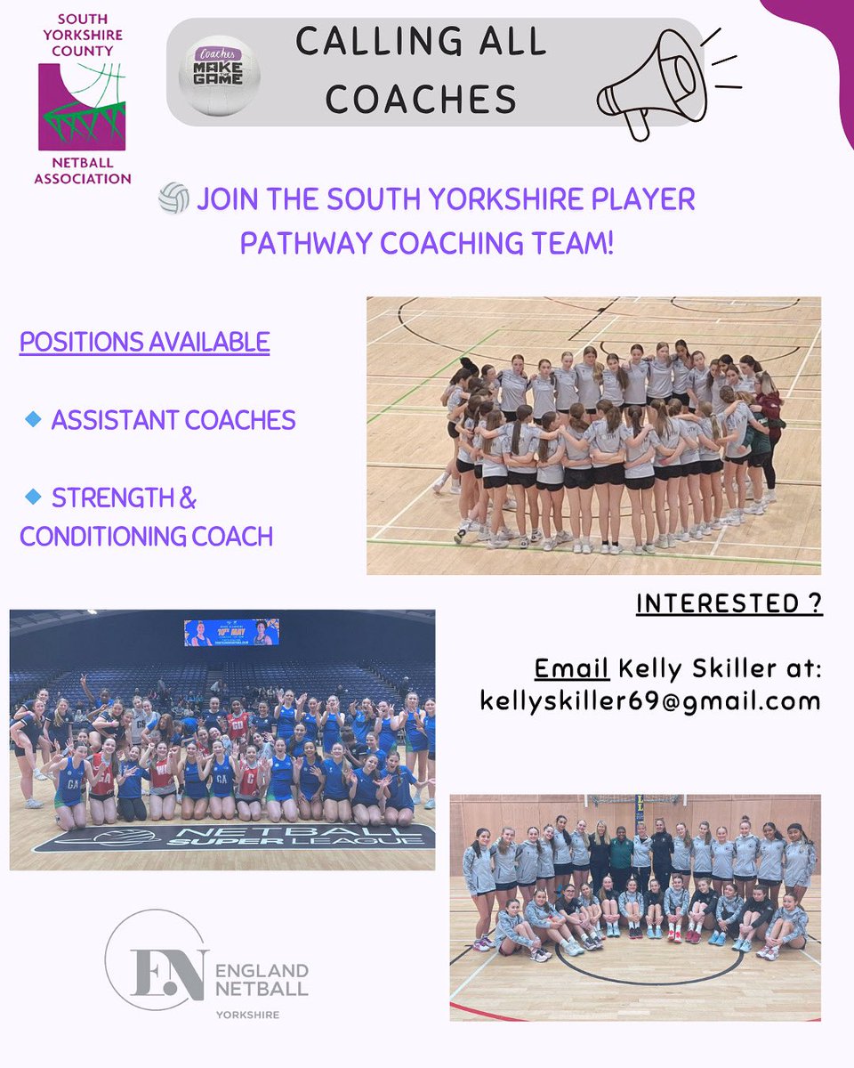 SY Netball (@synetball) on Twitter photo π Join the South Yorkshire Player Pathway Team!
Weβre recruiting a Strength & Conditioning Coach and Assistant Coaches to help shape future netball talent.
Email Kelly Skiller at: kellyskiller69@gmail.com
β SYCNA π Join the South Yorkshire Player Pathway Team!
Weβre recruiting a Strength & Conditioning Coach and Assistant Coaches to help shape future netball talent.
Email Kelly Skiller at: kellyskiller69@gmail.com
β SYCNA