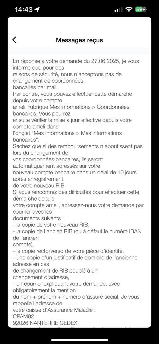 AMELI 
· votre rib est plus bon. Hop, changez de rib. 
· Changer de rib. Ça marche pas évidemment. 
· Leur écrire. 
· Leur réponse. 

Ce pays est un clown. Ça gère 600 putain de milliards c’est pas capable d’organiser un changement de rib en ligne.
