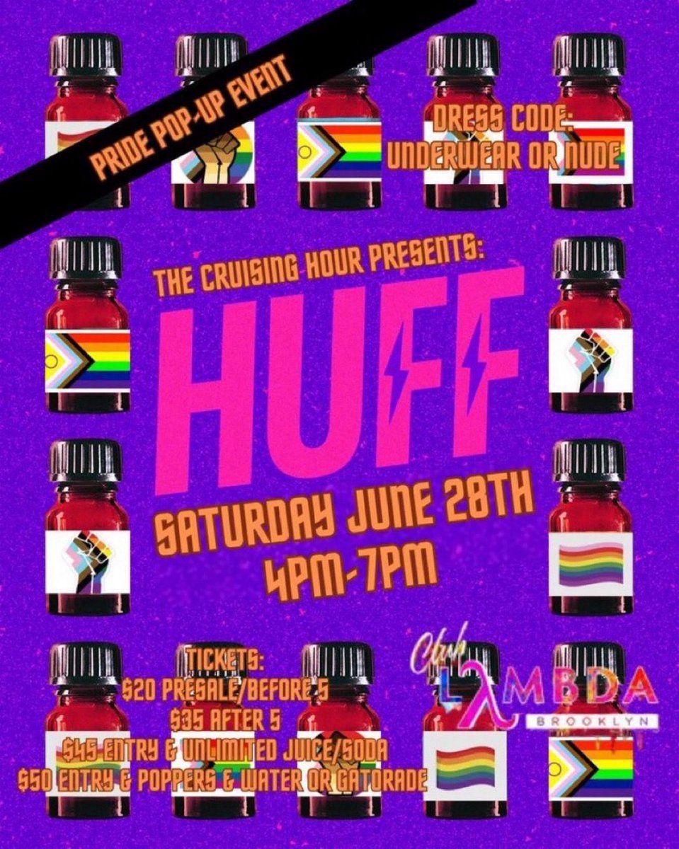 🛑REMINDER Saturday at 4pm!🛑
Gay Play Party in NYC 
💦Huff, Pride Pop Up Event. 
4pm-7pm
📌Club Lambda BK (1031 Grand St) Brooklyn. NY 11211. 
Hosted at <a href="/CLUBLAMBDA_BK/">Club lambda</a> 
Hosted by <a href="/TheCruisingHour/">Cruising Hour</a> <a href="/CocoThunder_/">Chocolate Thunder 🍫 ⚡</a> 
Info👉 posh.vip/e/huff-natureb…