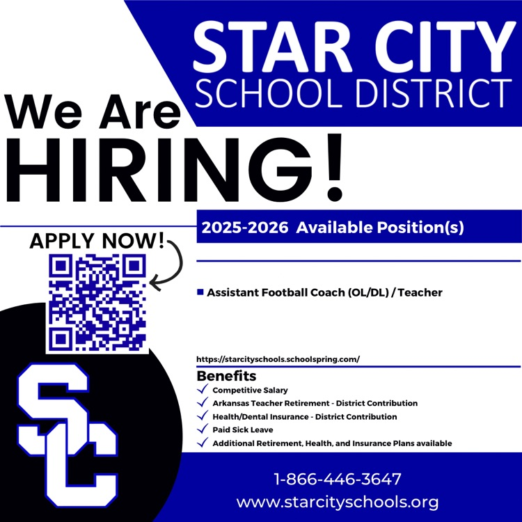 SCSD is now accepting applications for the following position for the 2025-2026 school year! Candidates can apply online at starcityschools.schoolspring.com #BeTheBest