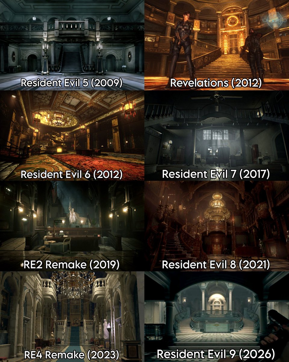 ArklayEmbers's tweet photo. I know we have only seen one shot of the new main hall in Resident Evil: Requiem but I included it anyway! (2/2) #ResidentEvil #REBHFun #RE9 https://t.co/ft4m0bcEE4