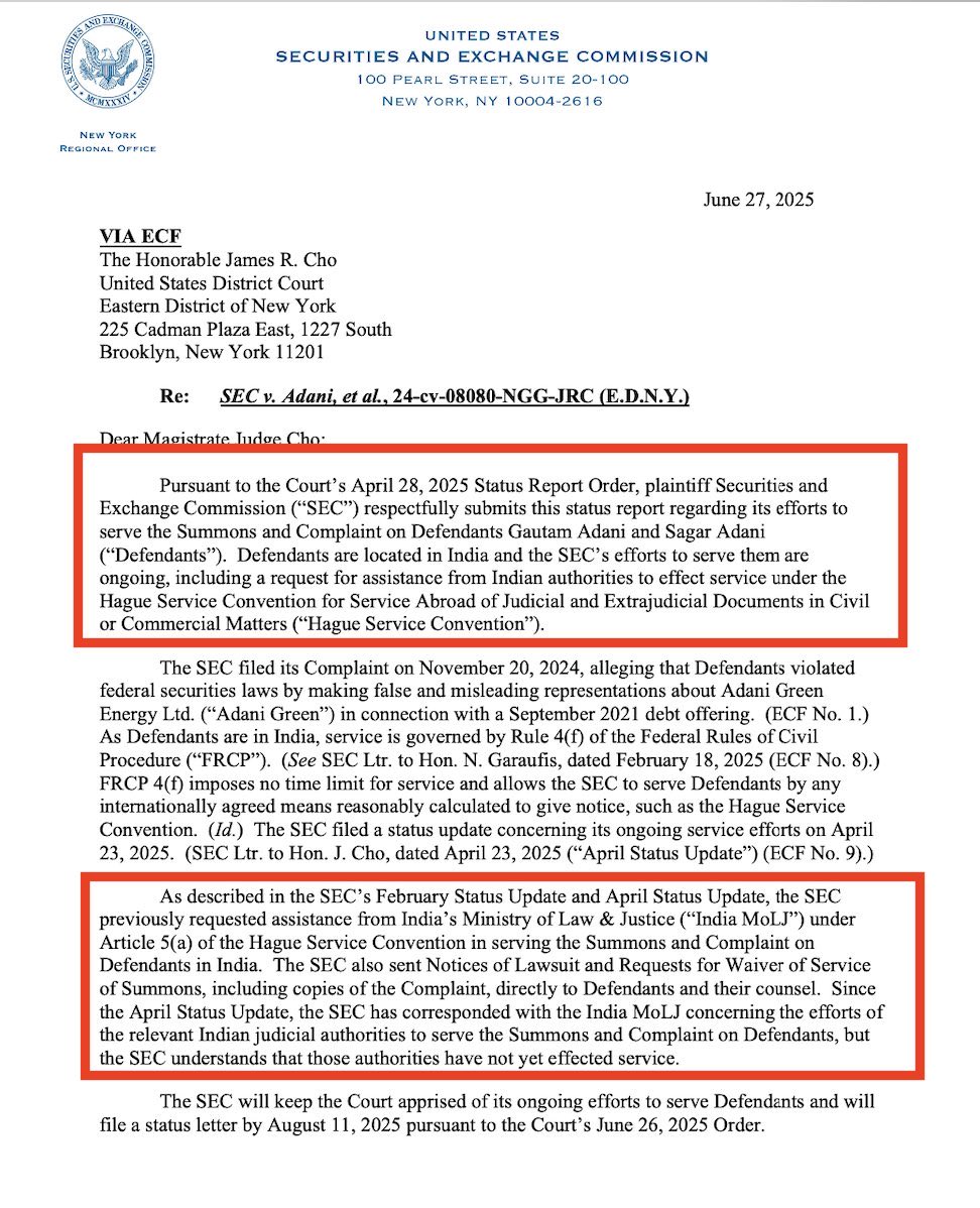 IamJavedAshraf's tweet photo. अदानी को अमेरिका से US Securities Exchange Commission ने जो समन भेजा था उसको मोदी सरकार अदानी तक डिलीवर नहीं कर सकी है।
यह रिपोर्ट न्युयोर्क डिस्ट्रिक्ट कोर्ट को सौंपी गई।
क्या "सरेंडर" के पीछे यही कहानी चल रही है?
नज़र बनाए रखिए।
#Mind_it #Adani #Modani #nationalinterest #Surrender