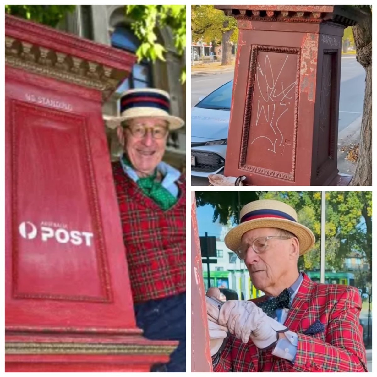 CDhubh's tweet image. Man on a mission for #PostboxSaturday Mick Slocum, former member of the Bushwhackers band, prompted initially to remove graffiti, but now to restore Victoria's vintage postboxes to their former glory.
(Credit to original owners of these pics)
#PostboxSaturday
#AustraliaPost