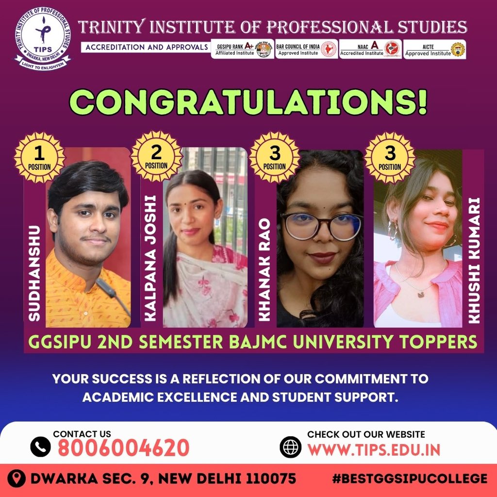 TrinityDwarka's tweet photo. TRINITY DWARKA CREATES TOPPERS! 
Congrats to our GGSIPU Topper! 💐
Proud moment as our student secures Rank 1 in University Exams 🏆🎓
📍 Want to be next?
📲 Join Trinity Dwarka – Where Success Begins!
📞 8006004620 | 🌐 https://t.co/M4zihna94F
#TrinityDwarka #UniversityTopper https://t.co/fuOJOXmsnS