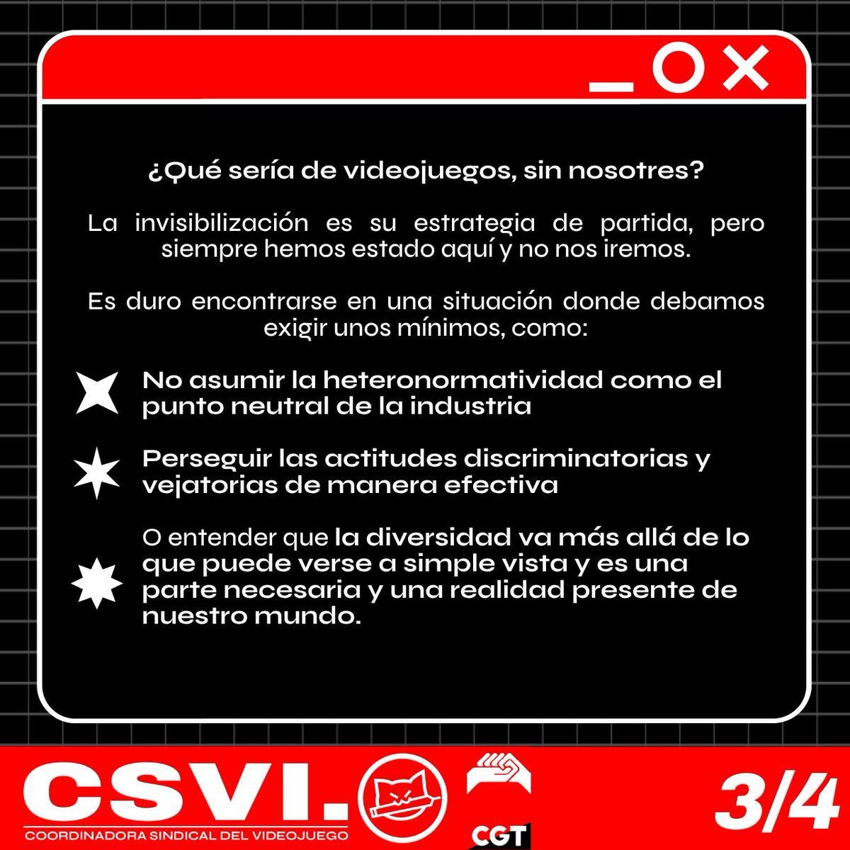 CSVI_CGT's tweet image. ¿Qué sería de los videojuegos sin nosotres?
En el día del orgullo LGTBQ+ reivindicamos que, aunque los políticos y la patronal pretendan erradicarnos, les trabajadores queer siempre estuvimos presentes en la industria, y no nos iremos a ningún lado. 🔥