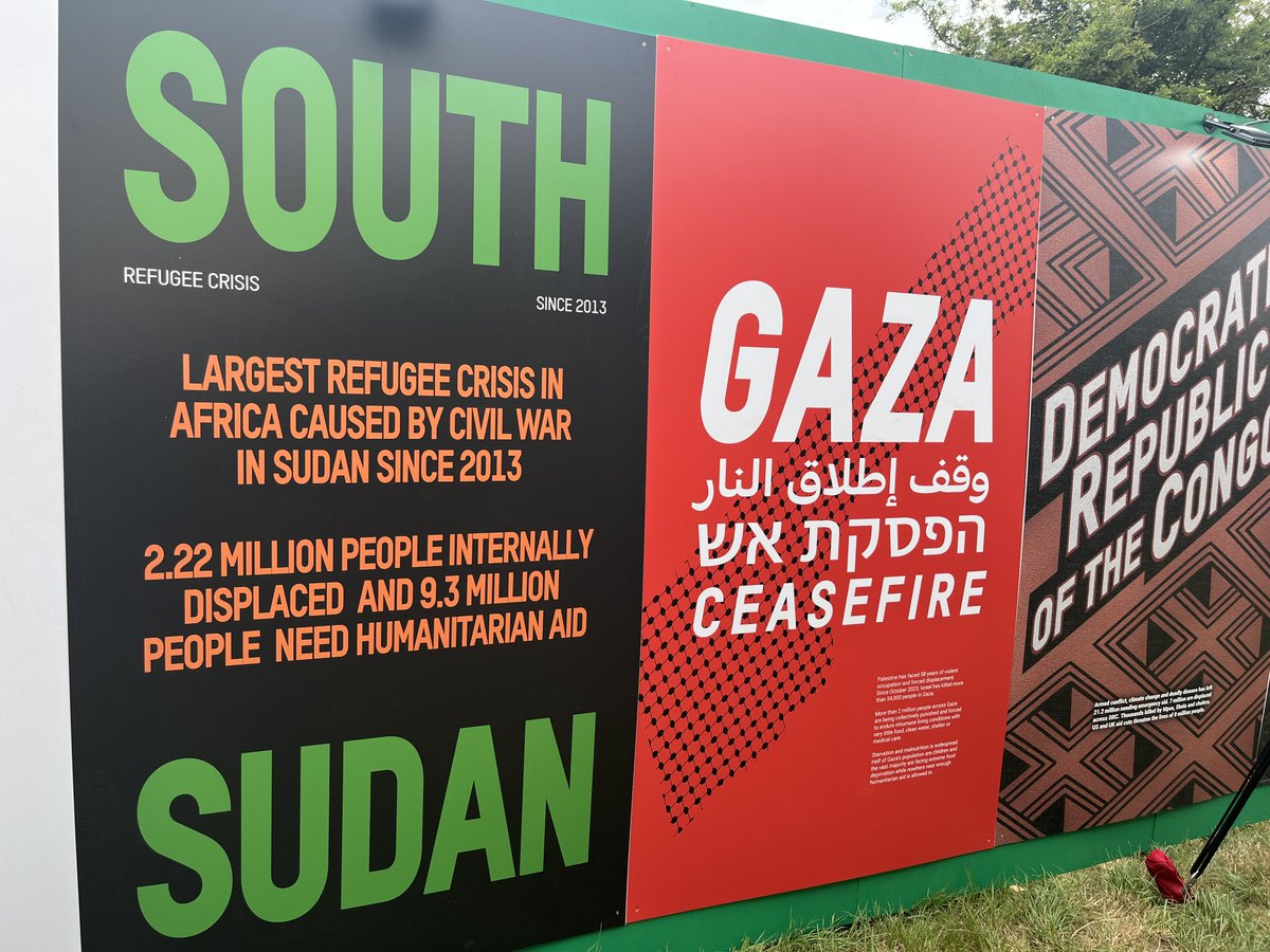 I took a quiet walk in front of the Pyramid Stage before the crowds. Some examples of our campaign work at #Glastonbury2025  this week.
