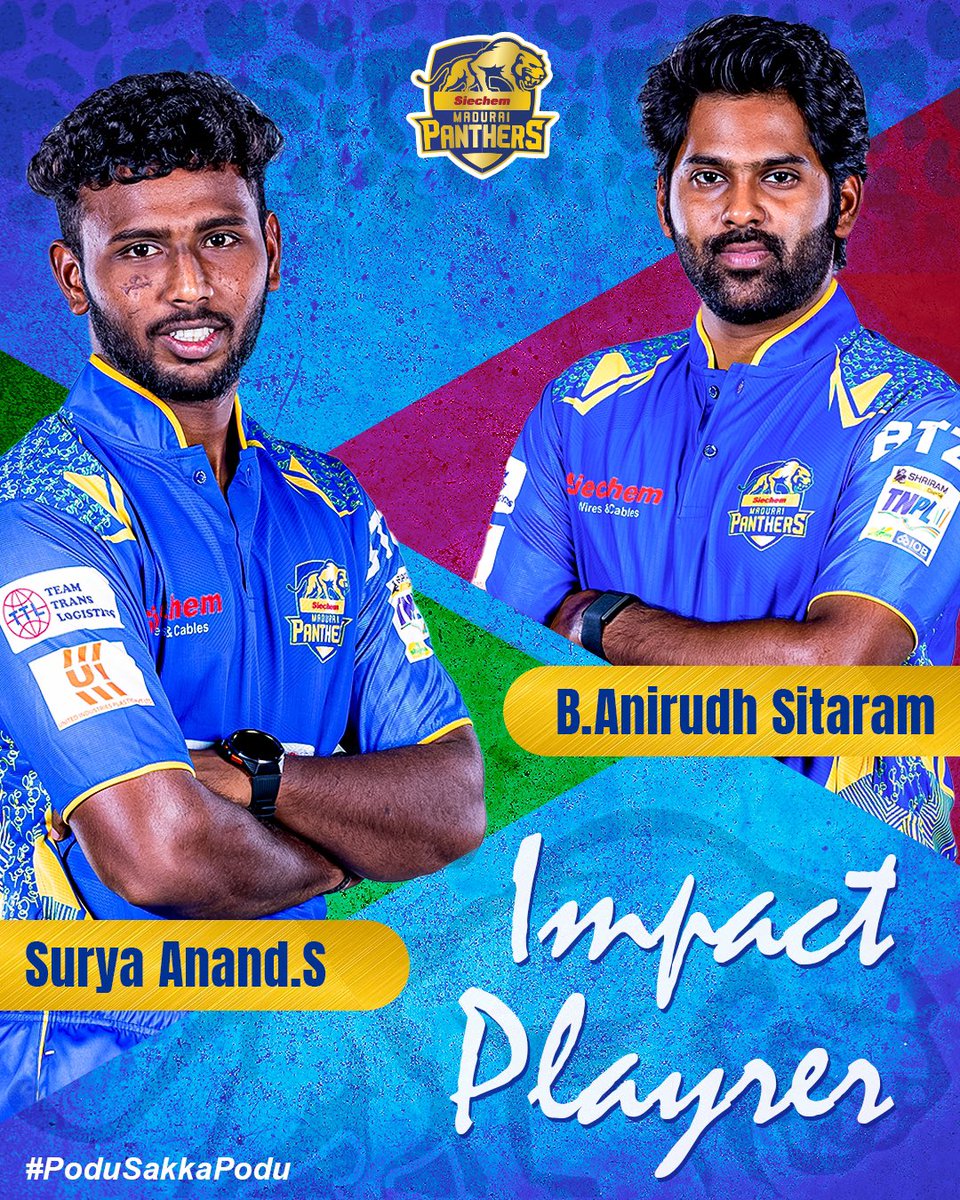𝐈𝐦𝐩𝐚𝐜𝐭 𝐩𝐥𝐚𝐲𝐞𝐫 𝐮𝐩𝐝𝐚𝐭𝐞⚠️
@smsurya21 steps in as our Impact Player! 🎯

#SiechemMaduraiPanthers #PoduSakkaPodu #TNPL2025
