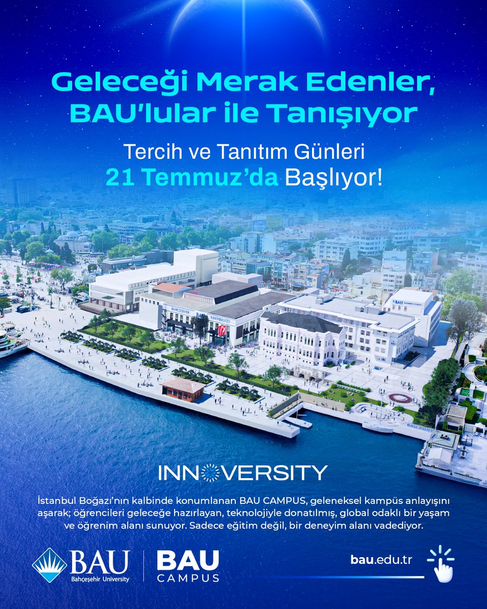 Gelecğei merak edenler, BAU'lular ile tanışıyor. Tercih ve Tanıtım Günlerimiz 21 Temmuz'da başlıyor. 💙 

Detaylı bilgi almak için: aday.bau.edu.tr/bizeulasin?utm…