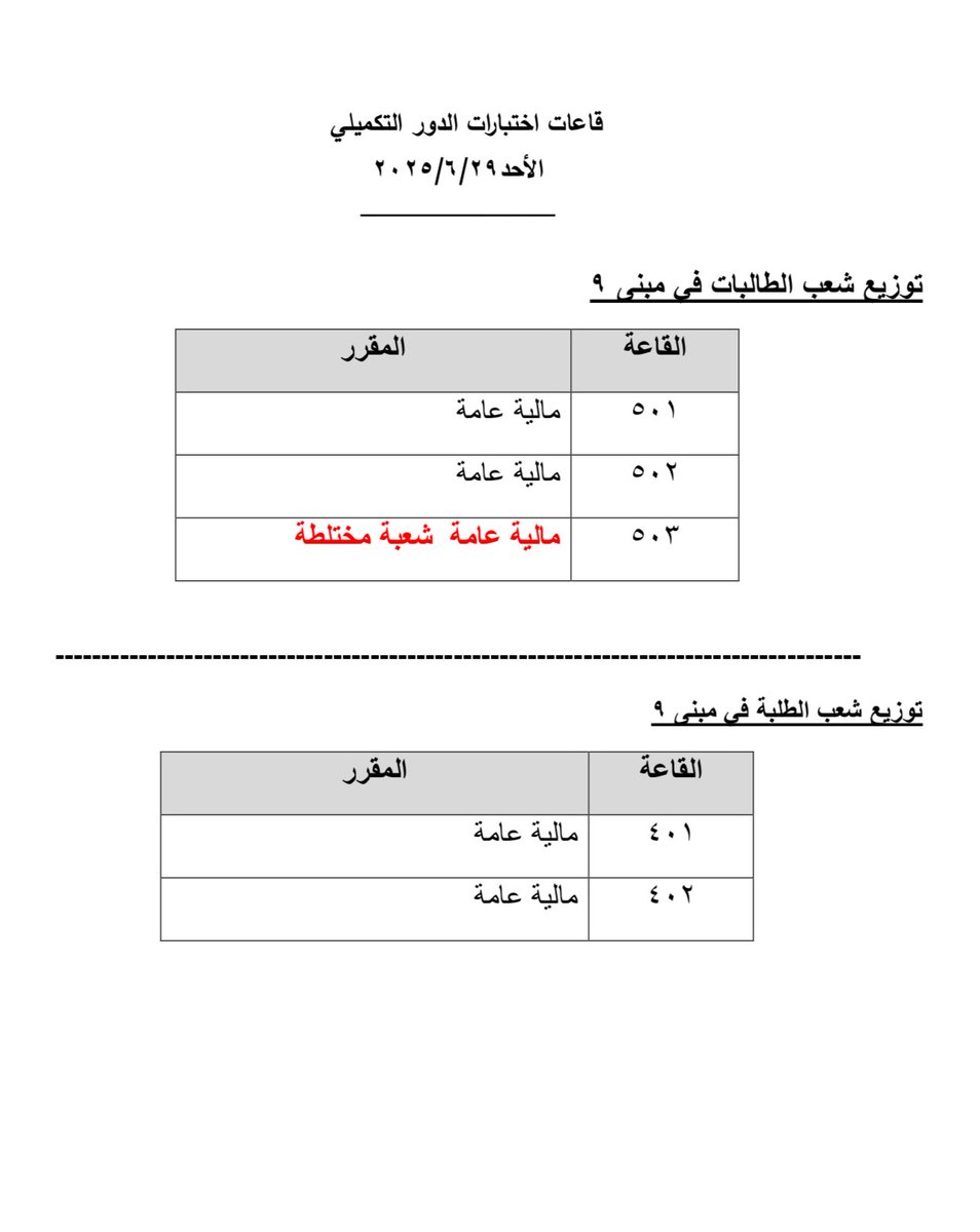 توزيع قاعات اختبار يوم الأحد