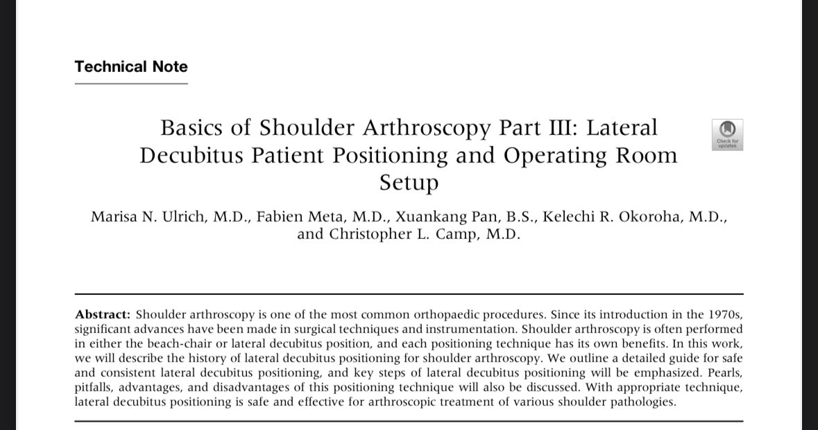 ChrisCampMD's tweet image. Basics of Shoulder Arthroscopy Part 3️⃣:
Learn the set up for Lateral Decubitus Positioning with this free video and manuscript 👇
👀 Video here: sciencedirect.com/science/articl…
@ArthroscopyJ @AANAORG @mayoclinicsport @MayoOrthoRes @MayoOrtho @reeses_pieces3 @DoctorOkoro