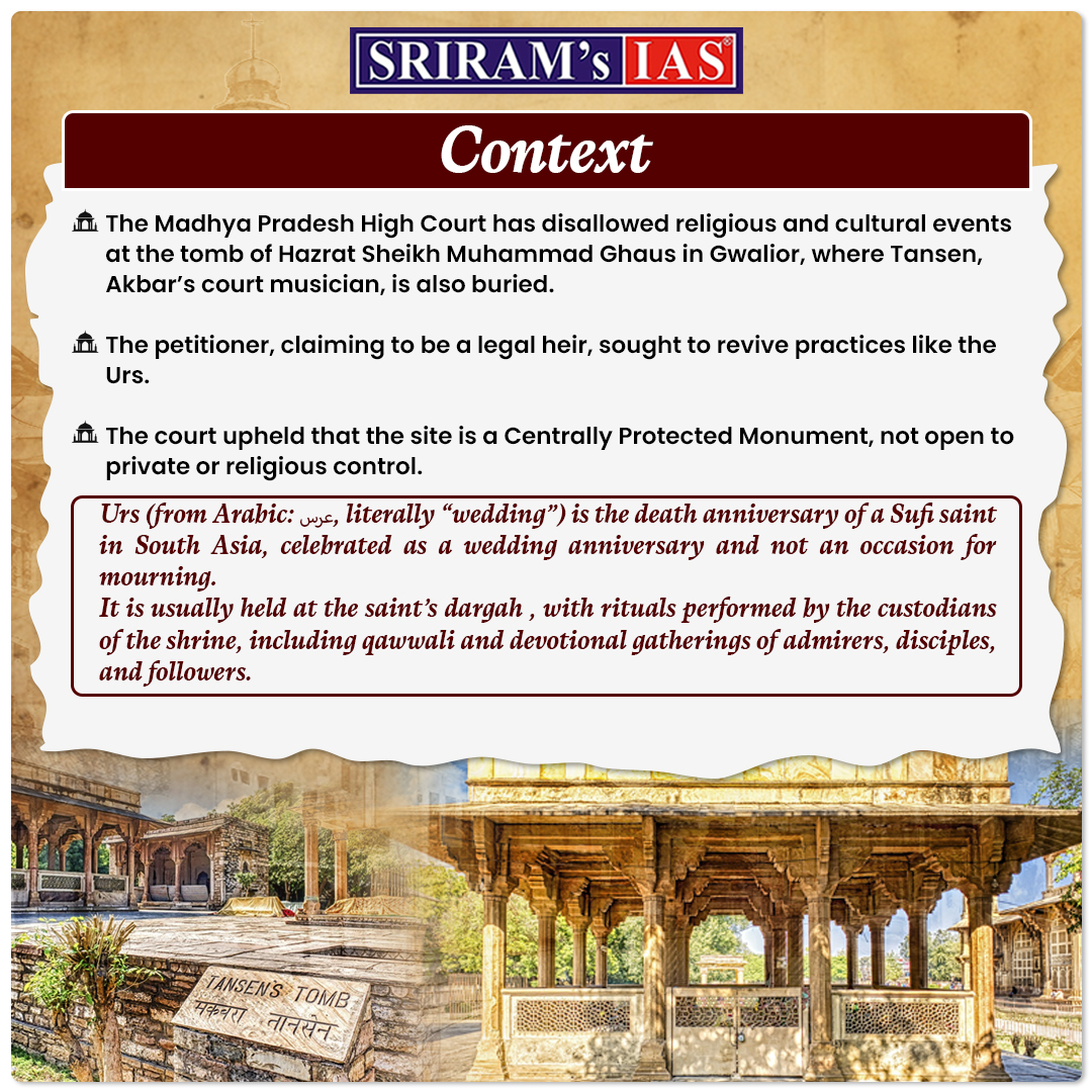 sriramsrirangm's tweet image. What’s happening at Tansen’s tomb in Gwalior❓❓❓

A plea to allow religious practices was recently rejected by the MP High Court.

Here’s what you should know - from history to heritage law 🪦

#Tansen #SheikhGhaus #Urs #AMASRAct #ASI #ProtectedMonuments #SufiHeritage