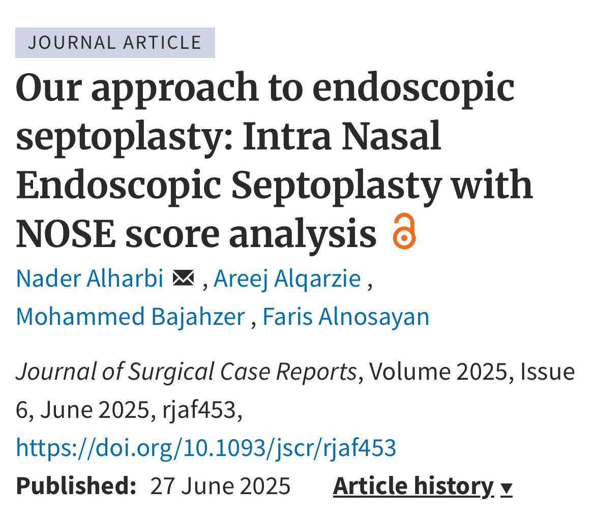 بحمد الله، تم نشر ورقة علمية توثق طريقة مبتكرة في جراحة الحاجز الأنفي بالمنظار (Intra Nasal Endoscopic Septoplasty).
تُحسّن النتائج، وتقلّل المضاعفات، وتُسرّع الاستشفاء.
فخور بالمساهمة في تطوير هذا المجال.

#البحث_العلمي #جراحة_الأنف #Septoplasty #ENT #الأنف_والأذن_والحنجر