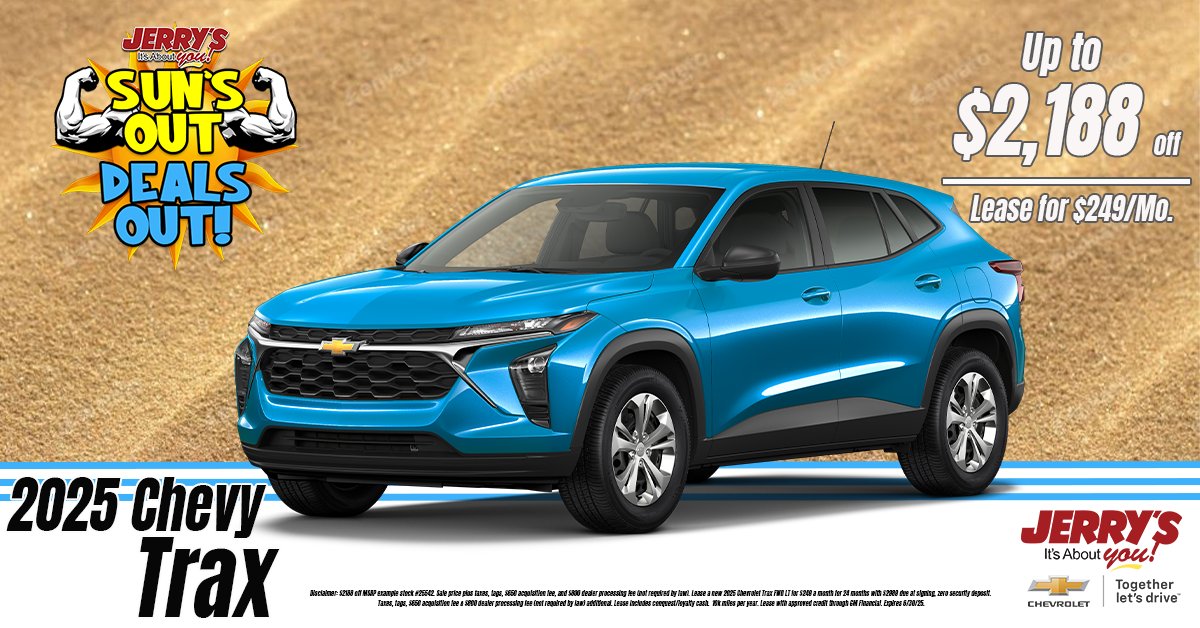 JerrysChevyBalt's tweet image. Ready for fun in the sun? 🔥 Our "Suns Out, Deals Out" event at Jerry's Chevrolet brings you fantastic offers on the Chevrolet Trax! ☎️443-219-3825 🌐bit.ly/4faNDef  #ChevyTrax #FunToDrive #SummerSale #JerrysChevrolet #MarylandDeals #NewCar #AffordableSUV