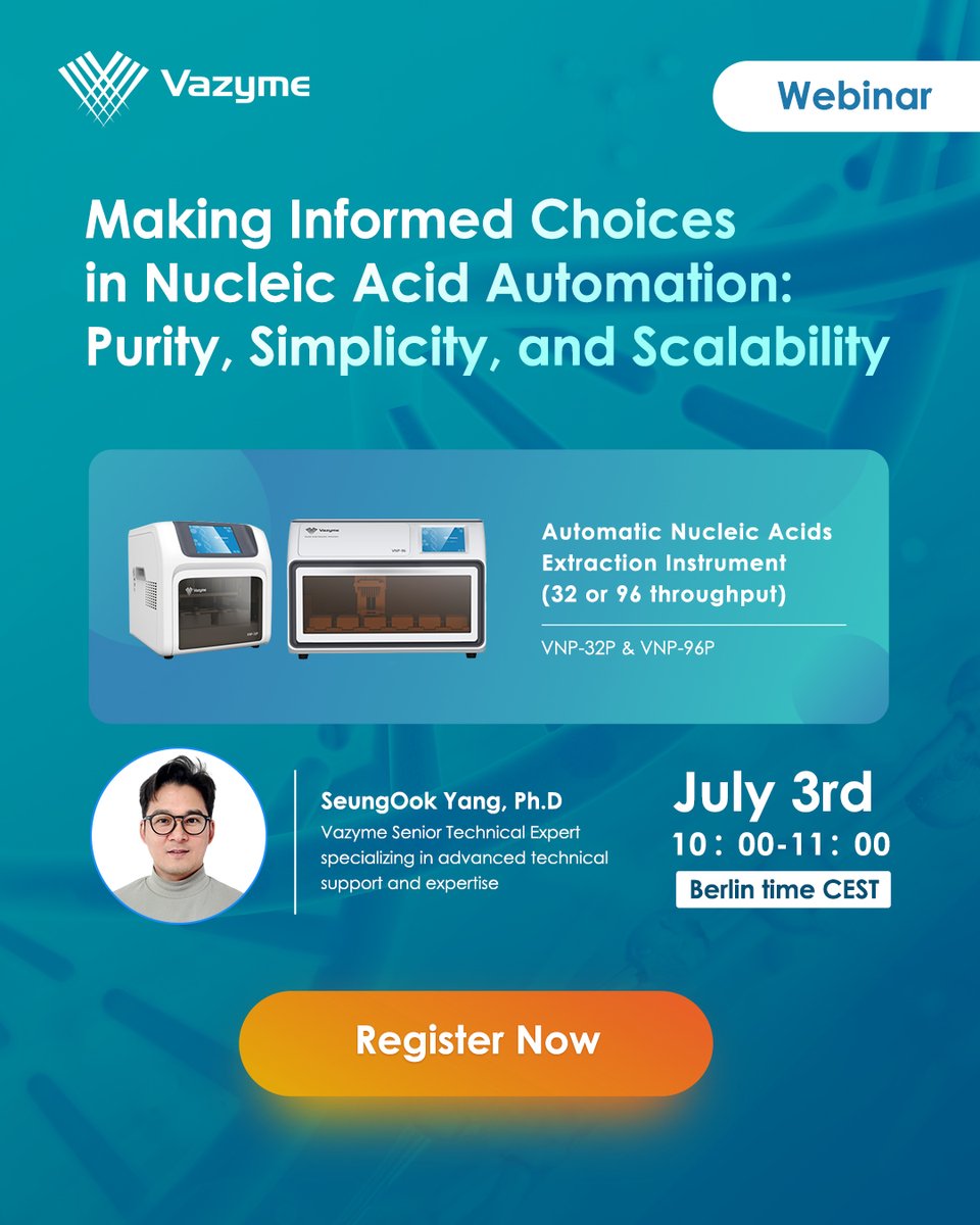 VazymeBiotech's tweet image. Join Dr. Yang on July 3rd, 10:00–11:00 CEST (Berlin) for our webinar - Making Informed Choices in Nucleic Acid Automation: Purity, simplicity, and Scalability
👉 Save your seat today&amp;gt;&amp;gt;zoom.us/webinar/regist…
#nucleicacid #qPCR #NGS #biotech