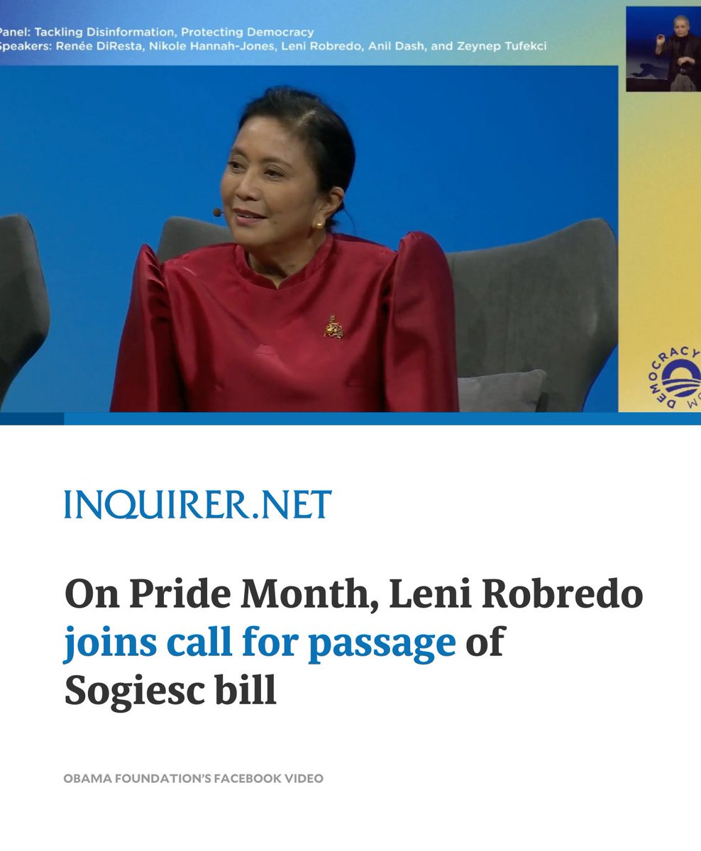 Former Vice President and now-incoming Naga City Mayor Leni Robredo has reiterated her call for the Congress to pass the Sogiesc bill, asserting that it is for the protection of everyone and not only of the LGBTQIA+ community.

READ MORE: inqnews.net/xD0KRD