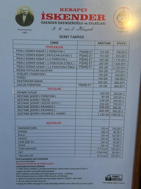 Bu işin cılkı çıktı artık. Mekanlara dur demek lazım. Genel bir boykota ihtiyacımız var.
 1 Etibol, 1 normal iskender, 2 kola, 2'de Türk Kahvesi içsek bahşiş veya servis hariç 2.740TL‼️
Üstelik tatlı, su dahil değil bu hesapta.
Tüketici olarak  gücümüzü kullanmamız lazım