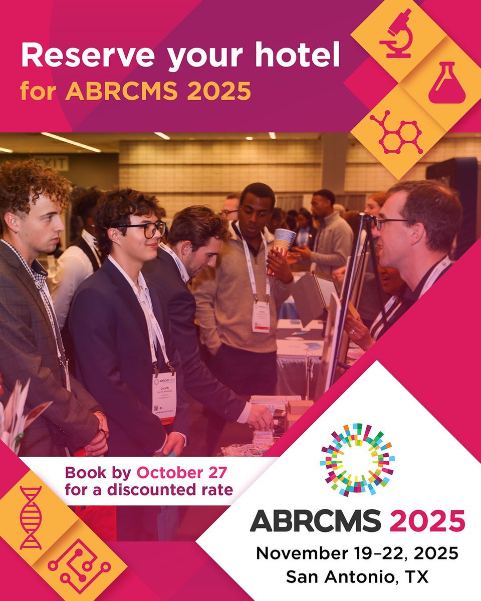 ABRCMS's tweet image. ABRCMS housing books up fast, so book your hotel stay as soon as possible! The deadline to reserve at a discounted rate is October 27.
Find hotels and rates at abrcms.org/register/hotel…
#ABRCMS2025 #STEM #STEMconference