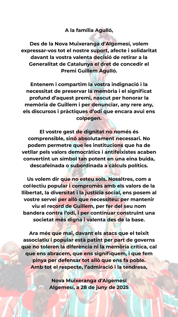 Des de la Nova Muixeranga volem donar el nostre suport a la família Agulló.

Fem pinya per defensar tot allò que ens poble!!!
